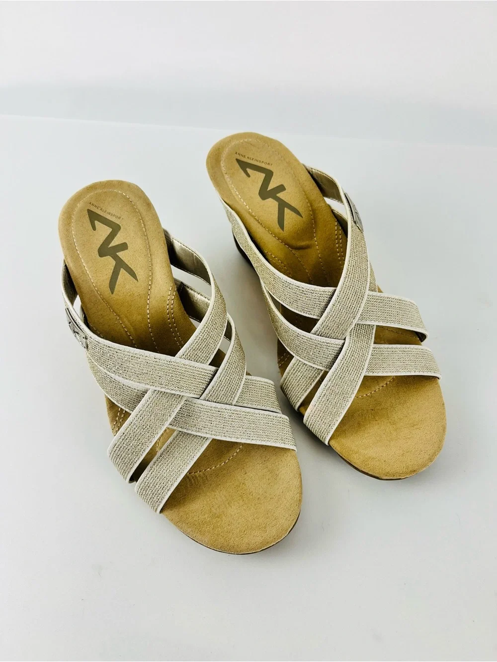 Anne Klein Sport Lakeisha Wedge Sandals Gold Shimmer Textile Bands Size 8